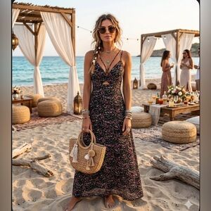 ZAFUL Women's Spaghetti Strap Floral Summer Hollow Twist Front Maxi Dresses Sexy
